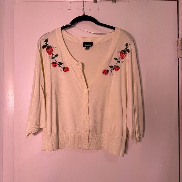Torrid RetroChic Cream Short Sleeve Strawberry Embroidered Cardigan - Picture 2 of 7